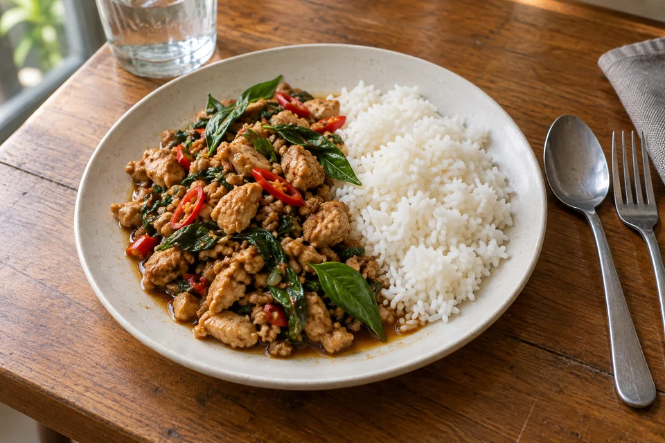 Basil wok dish with vegetables, served with rice
