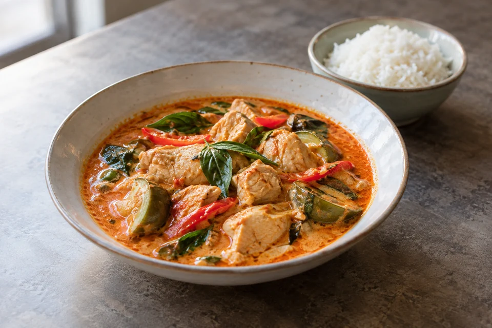 Thai coconut curry with herbs and rice alongside