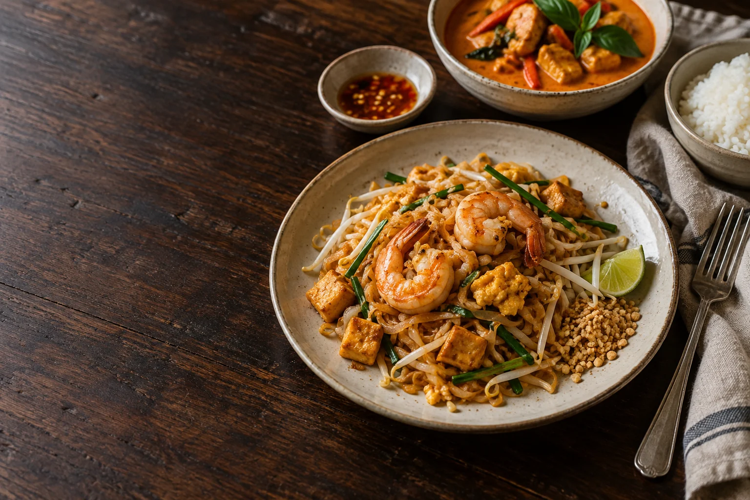 Several Thai dishes arranged together on a table for sharing