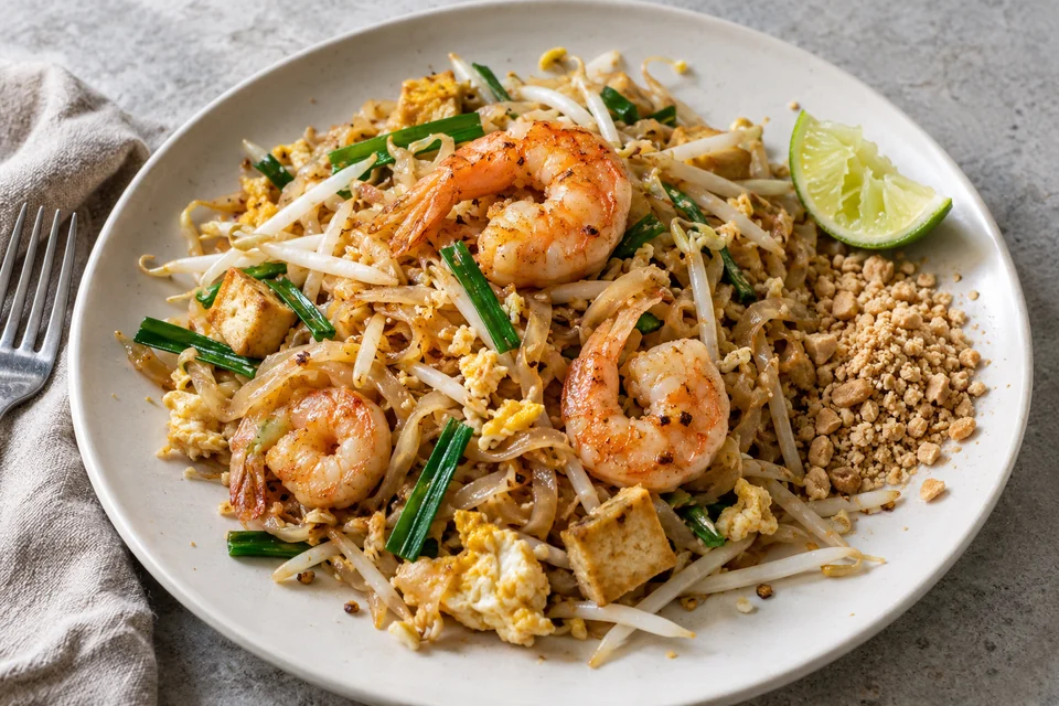 Pad Thai rice noodles with prawns and lime on a ceramic plate