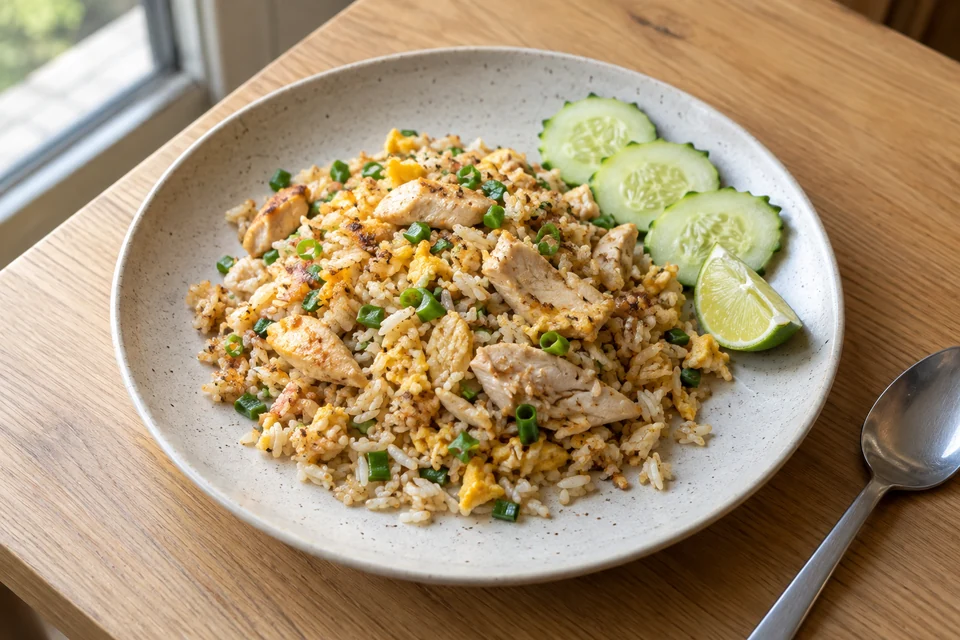Fried rice with chicken, egg, cucumber and lime on a ceramic plate