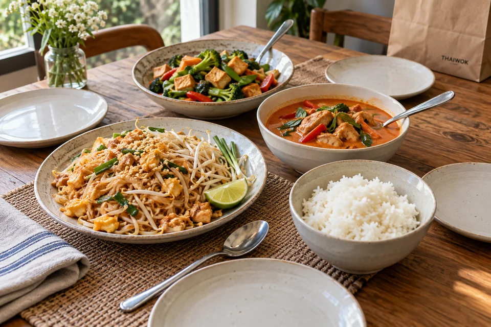Several Thai dishes arranged together on a table for sharing