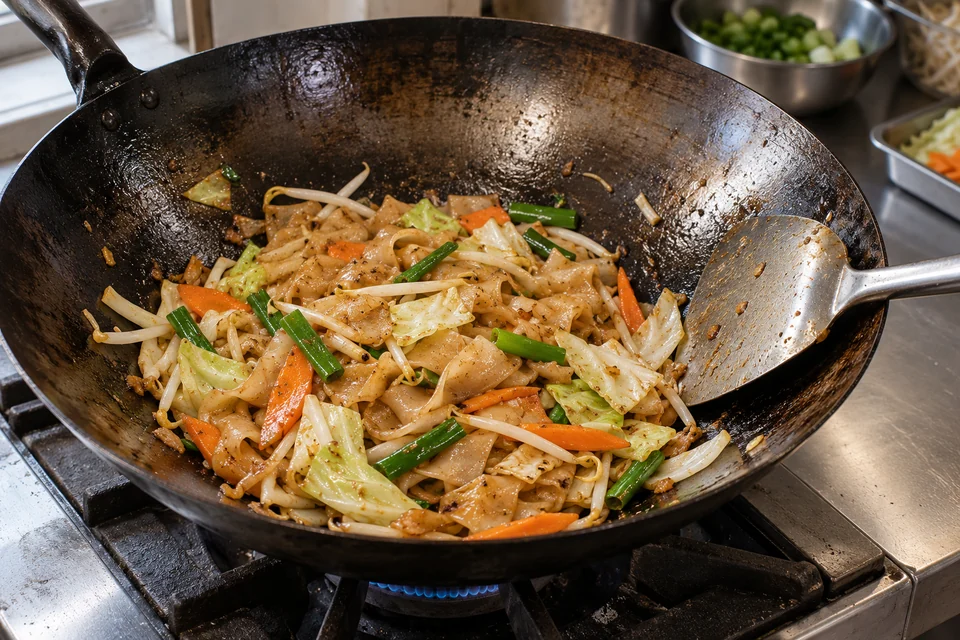 Vegetables and noodles cooking in a dark steel wok on a stove